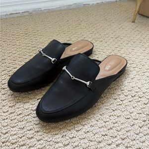 Black Leather Mules with Silver Accent